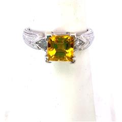 PT950 PLATINUM DIAMOND & GOLD CITRINE RING W/MILGRAIN DETAIL BAND 5